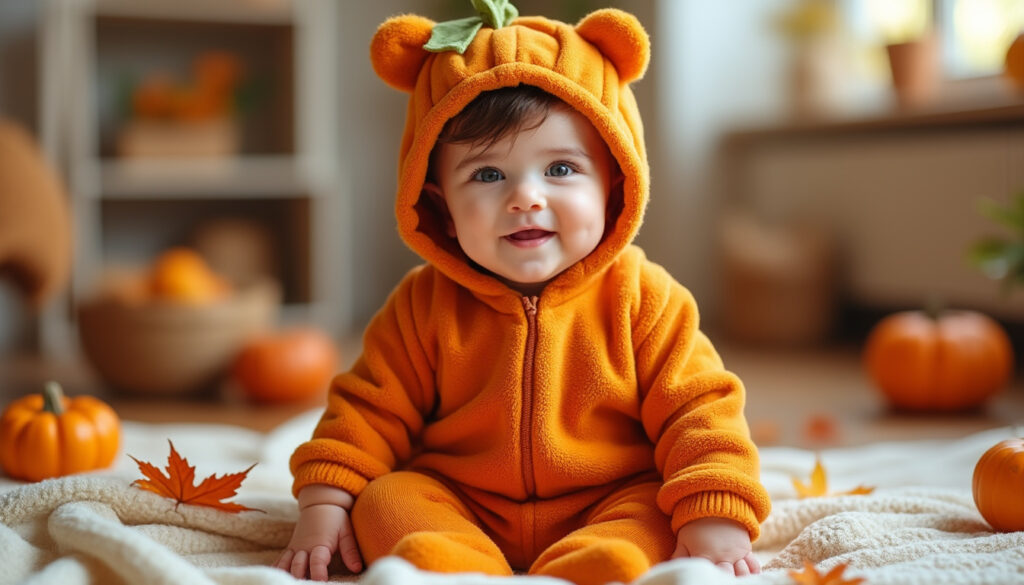 craquez pour ce déguisement bébé citrouille : une tenue halloween confortable et originale pour une première fête pleine de douceur.